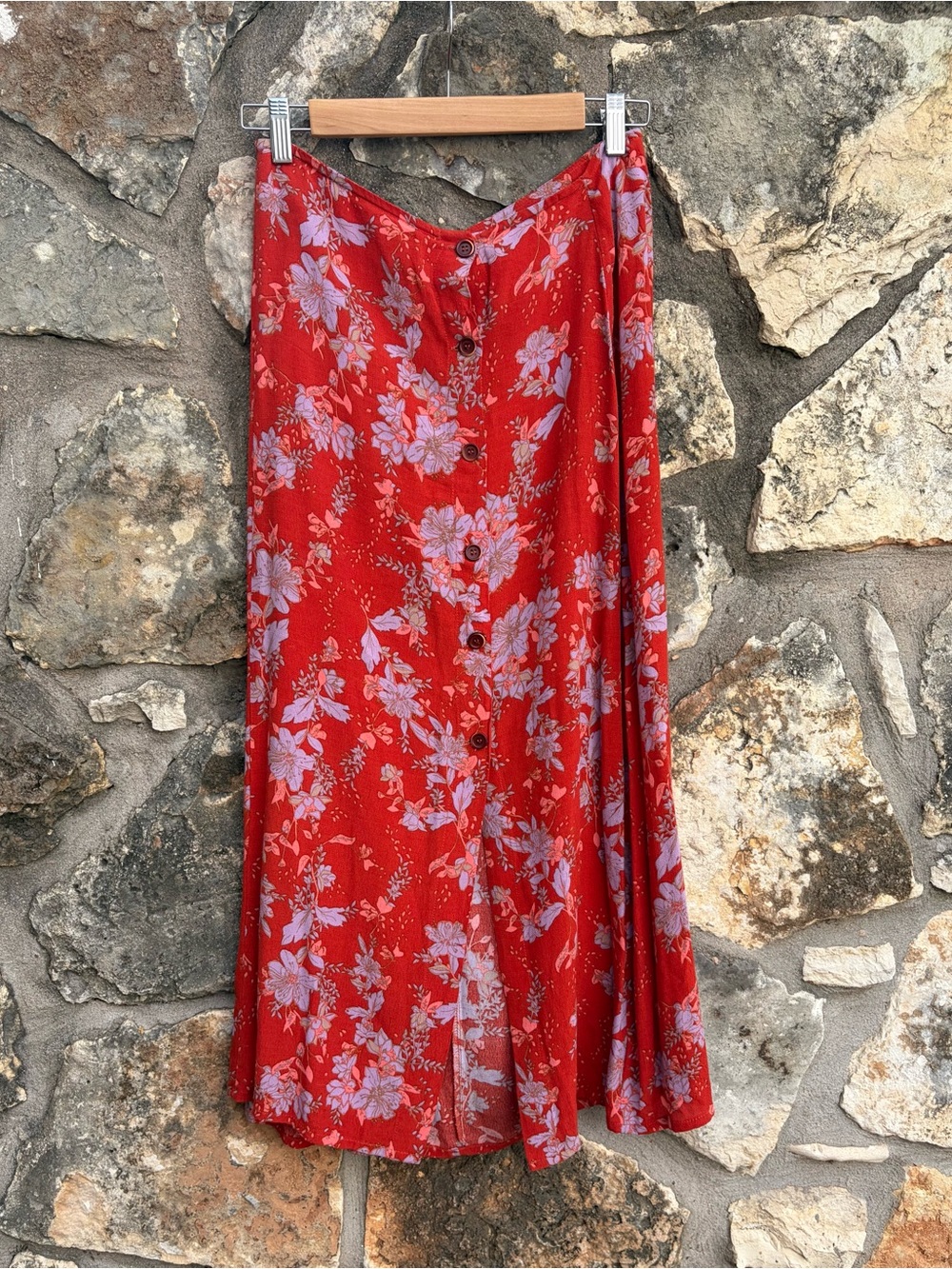 Free People Stunning Red Floral Button-Front Midi Skirt sz S / M